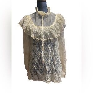 Vintage 70s Jessicas Gunnies Prairie Blouse Womens 13 Sheer Lace Fairy Victorian